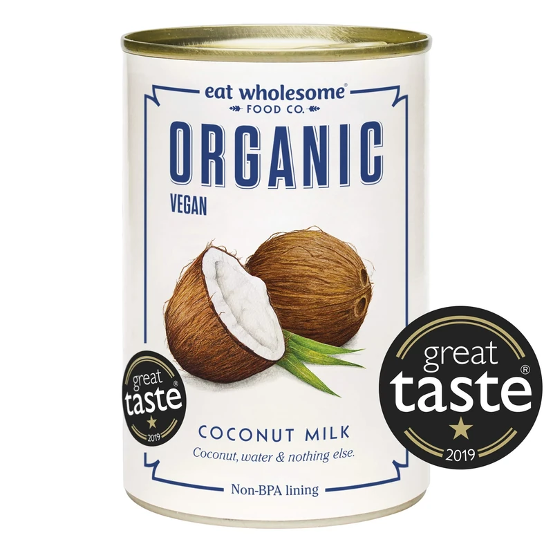 Eat Wholesome Organic Coconut Milk, 400ml (Pack of 4) - 100 Percent Natural, Just Coconuts and Water, Award-Winning, For Cooking and Baking, Vegan, No Guar Gum, Non-BPA Lining, CO2 Neutral Packaging
