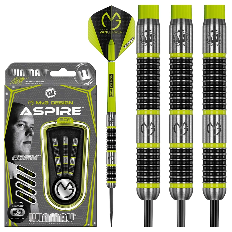 WINMAU Michael van Gerwen MvG Aspire Tungsten Steeltip Darts Set 24g with Prism Flights and Nylon Shafts (Stems)