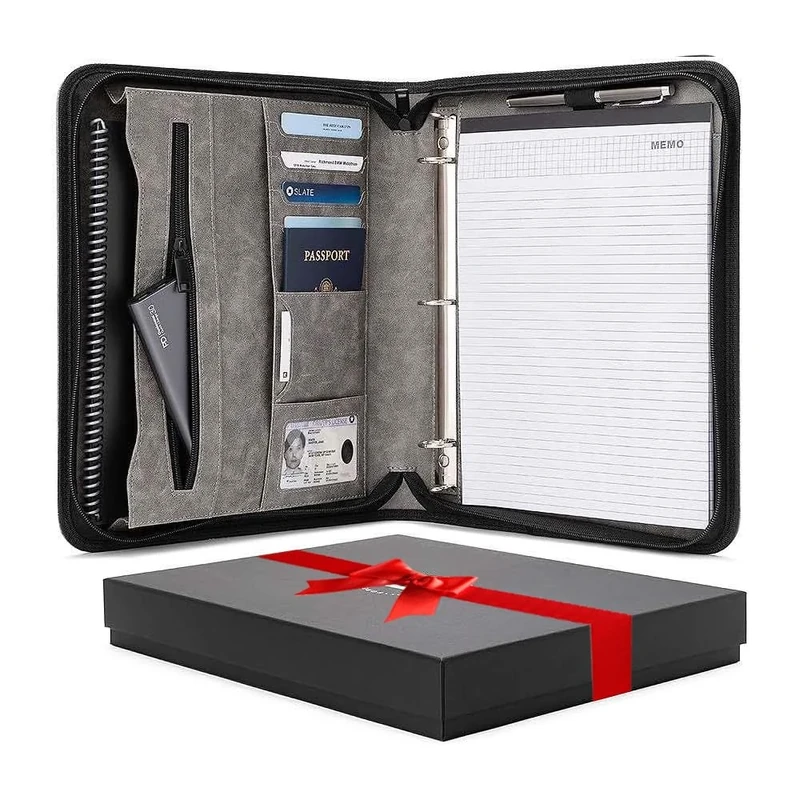 Forevermore Portfolios Padfolio Binder - Professional Faux Leather Travel Organizer Pouch for Tablet, Documents, Zipper Closure, Removable 3-Ring Notepad - Gray