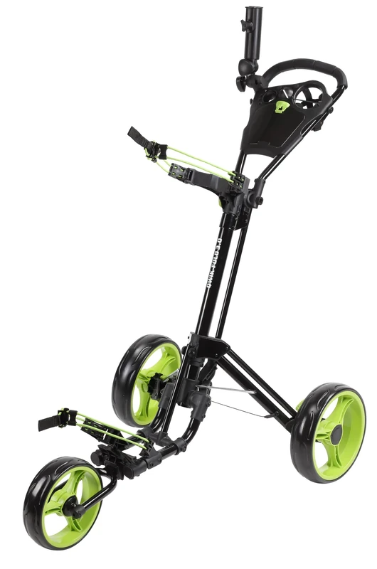 Qwik-Fold 3 Wheel Push Pull Golf CART - Foot Brake - ONE Second to Open & Close! (Black/Lime)