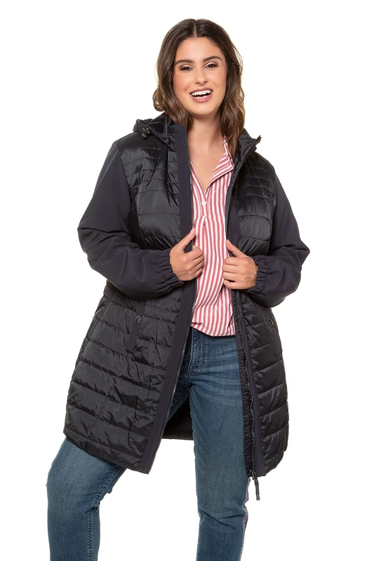 Ulla Popken Women's Quilted Jacket with Softshell Insert, Dark Blue, 46/48