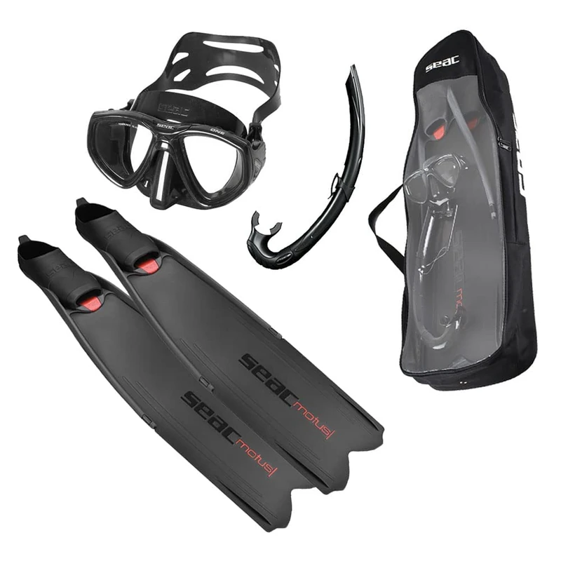 SEAC Motus Tris, Freediving and Spearfishing Set Motus Long fins, One Diving mask Jet Snorkel, Shoulder Bag Included - Image 1