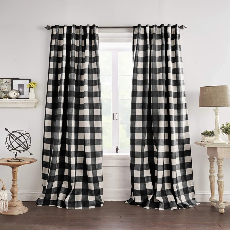 Elrene Home Fashions Farmhouse Living Grainger Buffalo-Check Blackout Window Curtain, Living Room and Bedroom Drape with Rod Pocket Tabs, 52" x 95", Black, 1 Panel