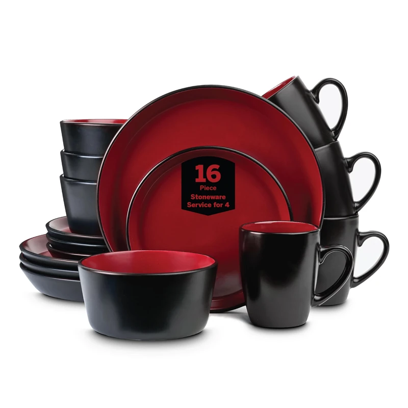 Stone Lain Albie Stoneware 16-Piece Modern Dinnerware Set, Kitchen Plates and Bowls Sets, Dish Set for 4, Red and Black