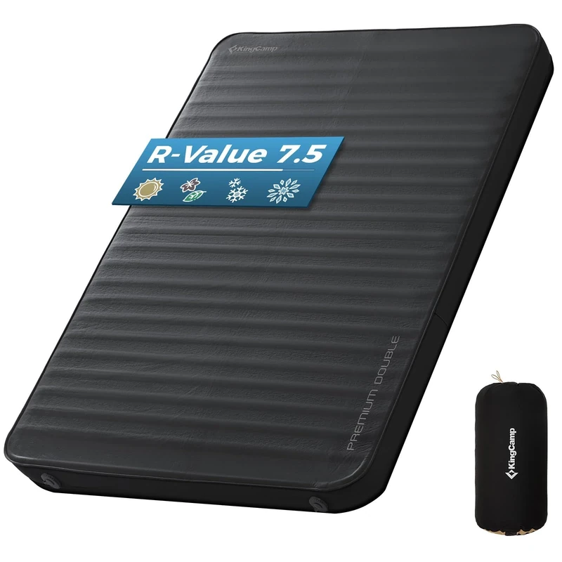 KingCamp Self Inflating Camping Mattress Double (R-Value 7.5) – 7.5cm Thick Luxury Sleeping Mat, Quiet & Warm, PVC-Free, Ideal for Car Camping & Guest Bed, Black