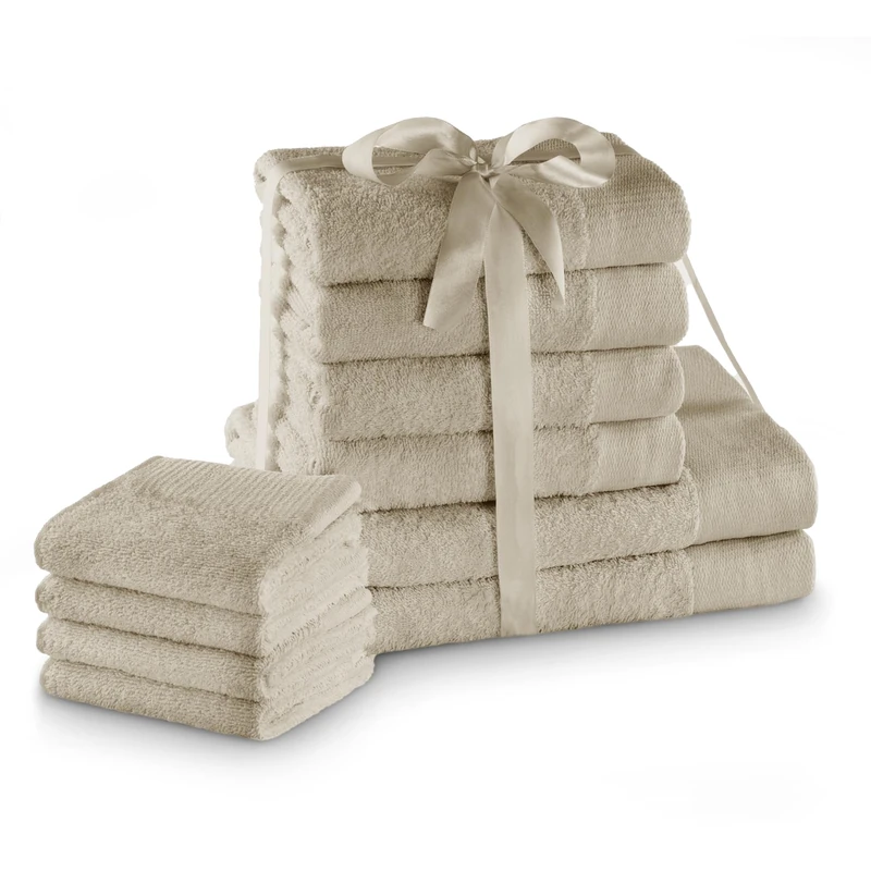 AmeliaHome Set 10pcs 4 Guest Towels 30x50 cm, 4 Towels 50x100 cm and 2 Bath Towels 70x140 cm 100% Cotton Absorbent Beige Cappuccino Amari