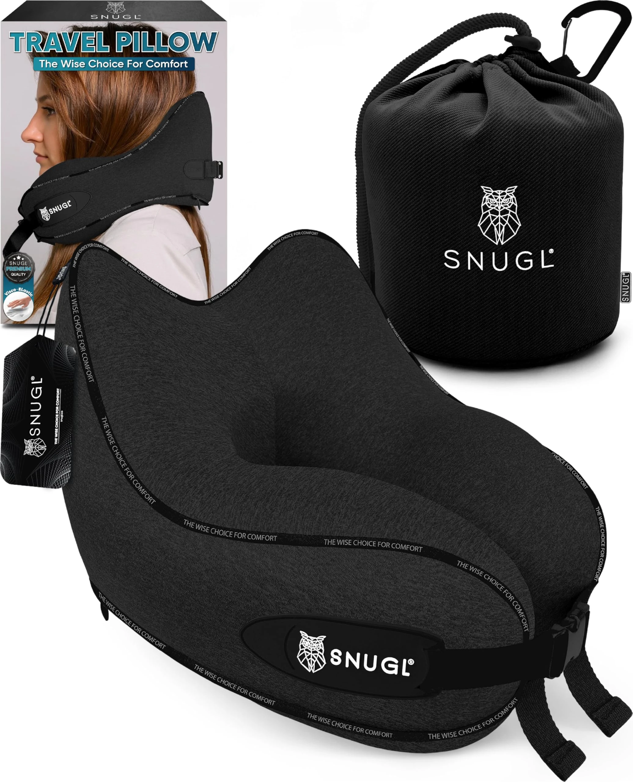 SNUGL Travel Pillow – Memory Foam Neck Pillow for Travel – Support Cushion for Airplane with Carry Bag & Clip - Holiday Essentials (Black - Adult Small)