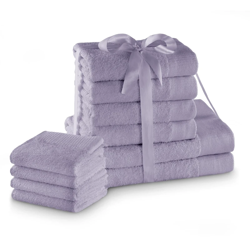 AmeliaHome Set 10pcs 4 Guest Towels 30x50 cm, 4 Towels 50x100 cm and 2 Bath Towels 70x140 cm 100% Cotton Absorbent Lilac Violet Purple Amari