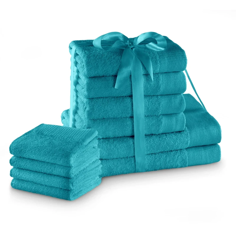 AmeliaHome Set 10pcs 4 Guest Towels 30x50 cm, 4 Towels 50x100 cm and 2 Bath Towels 70x140 cm 100% Cotton Absorbent Turquoise Amari