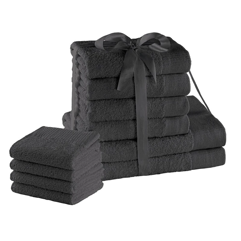 AmeliaHome Set 10pcs 4 Guest Towels 30x50 cm, 4 Towels 50x100 cm and 2 Bath Towels 70x140 cm 100% Cotton Absorbent Graphite Anthracite Charcoal Grey Amari