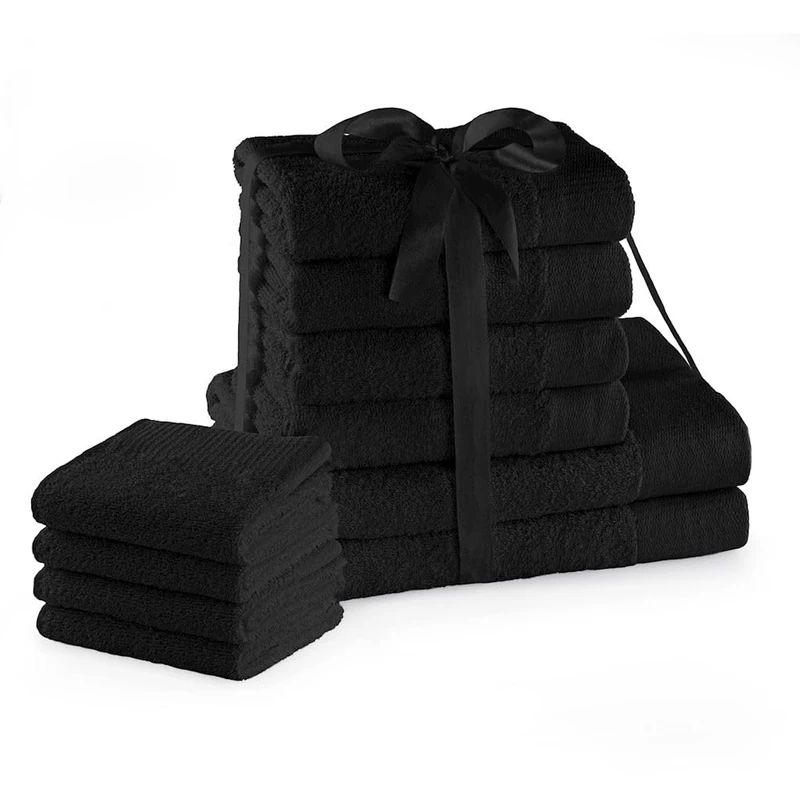 AmeliaHome Set 10pcs 4 Guest Towels 30x50 cm, 4 Towels 50x100 cm and 2 Bath Towels 70x140 cm 100% Cotton Absorbent Black Amari