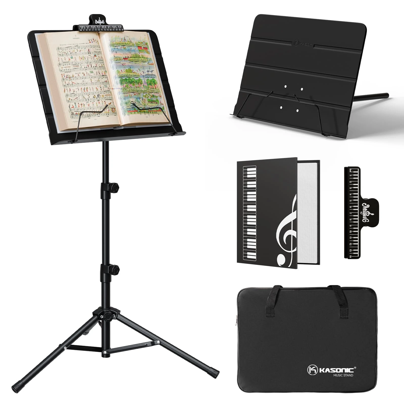 K KASONIC Foldable Music Stand, 2 in 1 Collapsible Music Stands with Music Sheet Folder, Portable Music Book Stand Set for Performances, Sheet Music Stand Tripod for Musical Needs, Black