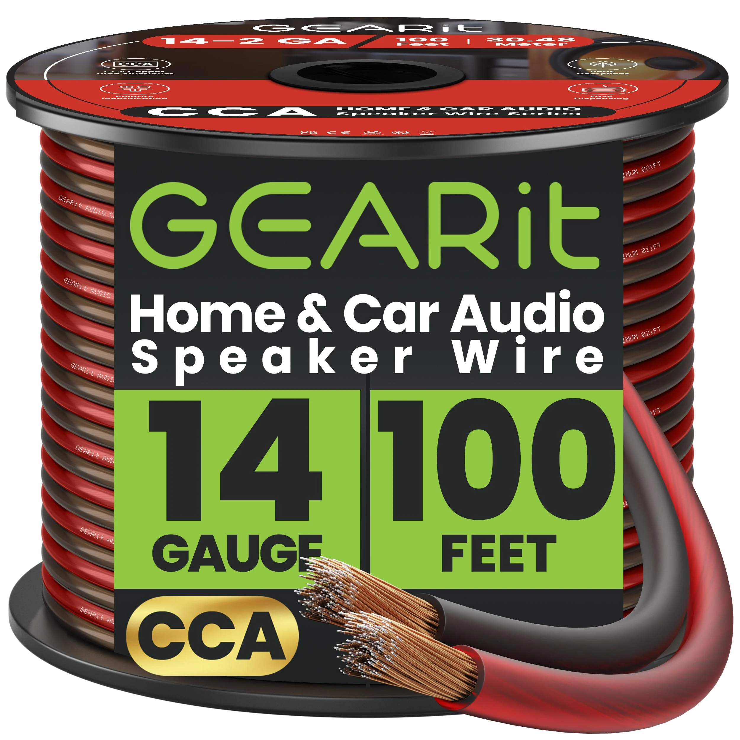 GearIT Speaker Wire Audio Cable CCA 2x2.5mm≤ (30.48 Meters - Black) Copper Clad Aluminum - Great for Hi-Fi Home Theater and Car Speakers - 14 Gauge AWG, 100 Feet