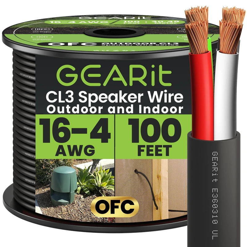 GearIT 16/4 Speaker Wire (100 Feet) 16AWG Gauge, Black 4-Conductors/Outdoor Direct Burial in Ground/in Wall / CL3 CL2 Rated - OFC Oxygen-Free Copper, Black 100ft