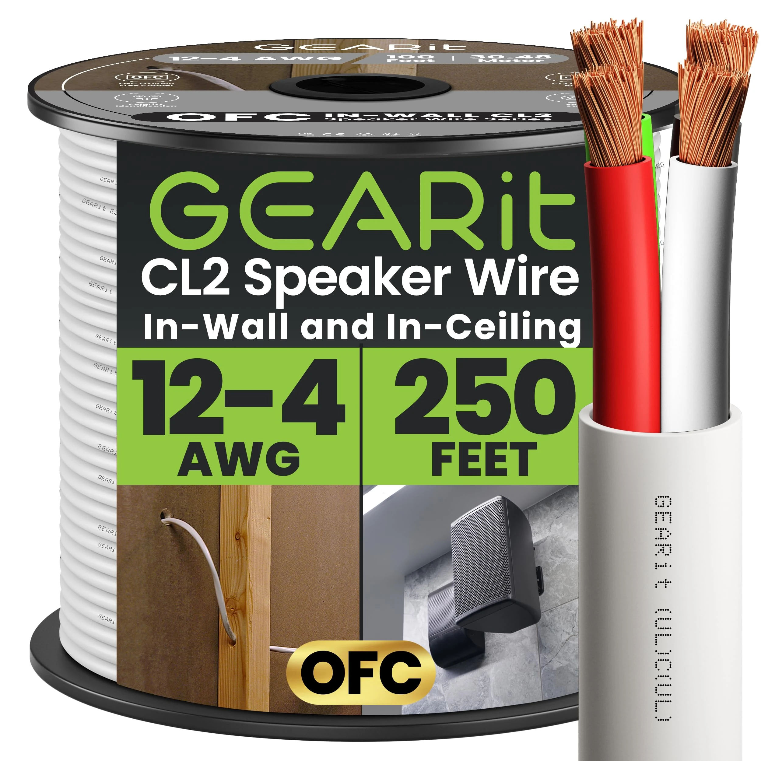 GearIT 12/4 Speaker Wire (250 Feet) 12AWG Gauge - Fire Safety In Wall Rated Audio Speaker Wire Cable / CL2 Rated / 4 Conductors - OFC Oxygen-Free Copper, White 250ft