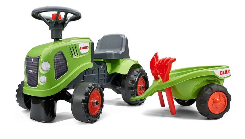 Falk Claas Tractor Ride-On with Trailer, from 12 Months, Made in France, Shovel and Rake Included-2 Styles, Customisable License Plate, 212C, Green