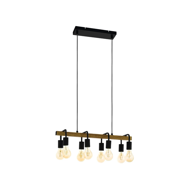 Eglo Pendant Lighting Erribera, 8-Light Vintage Hanging lamp for Dining Table, Industrial Design Ceiling Light Fitting Living Room, Black and Wood Look Metal, E27 Socket