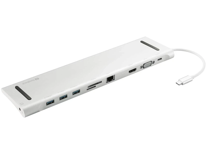 Sandberg USB-C 10-in-1 Docking Station | USB-C Hub with 3x USB-A, 1x USB-C, HDMI, VGA, Ethernet, Audio, Memory Card Slot, 100W PD | Laptop Stand | Silver