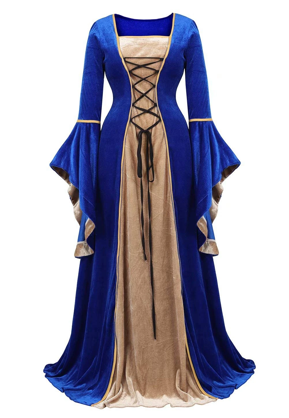 Renaissance Costume Women Medieval Velvet Dress Irish Vintage Victorian Faire Costumes Party Halloween Blue 2XL