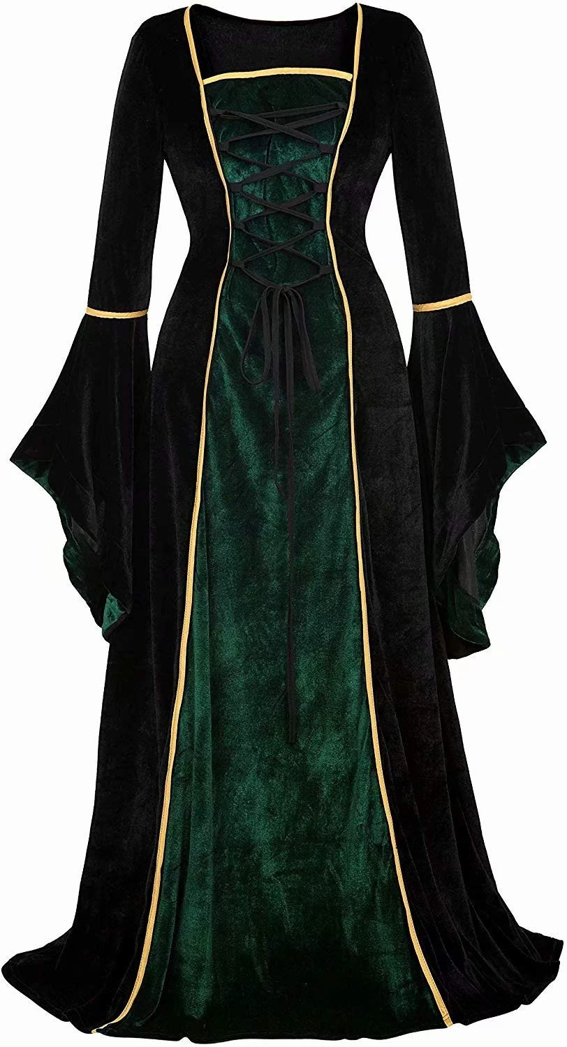 Renaissance Costume Women Medieval Velvet Dress Irish Vintage Victorian Faire Costumes Party Halloween Green Black 2XL