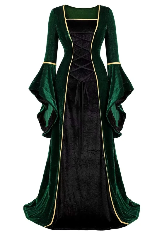 Renaissance Costume Women Medieval Velvet Dress Irish Vintage Victorian Faire Costumes Party Halloween Green Black 2XL