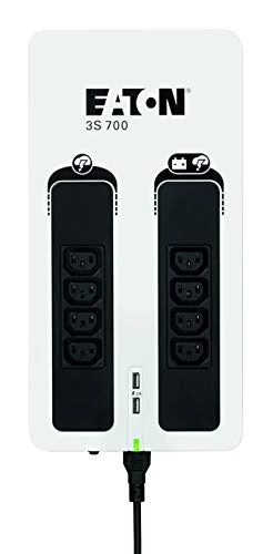 Eaton Serie 3S UPS 3S700I – 700VA 420W Off‑Line Backup Power, Silent Design, 8× IEC‑C13 Outlets with Battery & Surge Protection, RJ45 Data‑Line Protection, USB Interface, Black/White (B082TGQ3DZ)