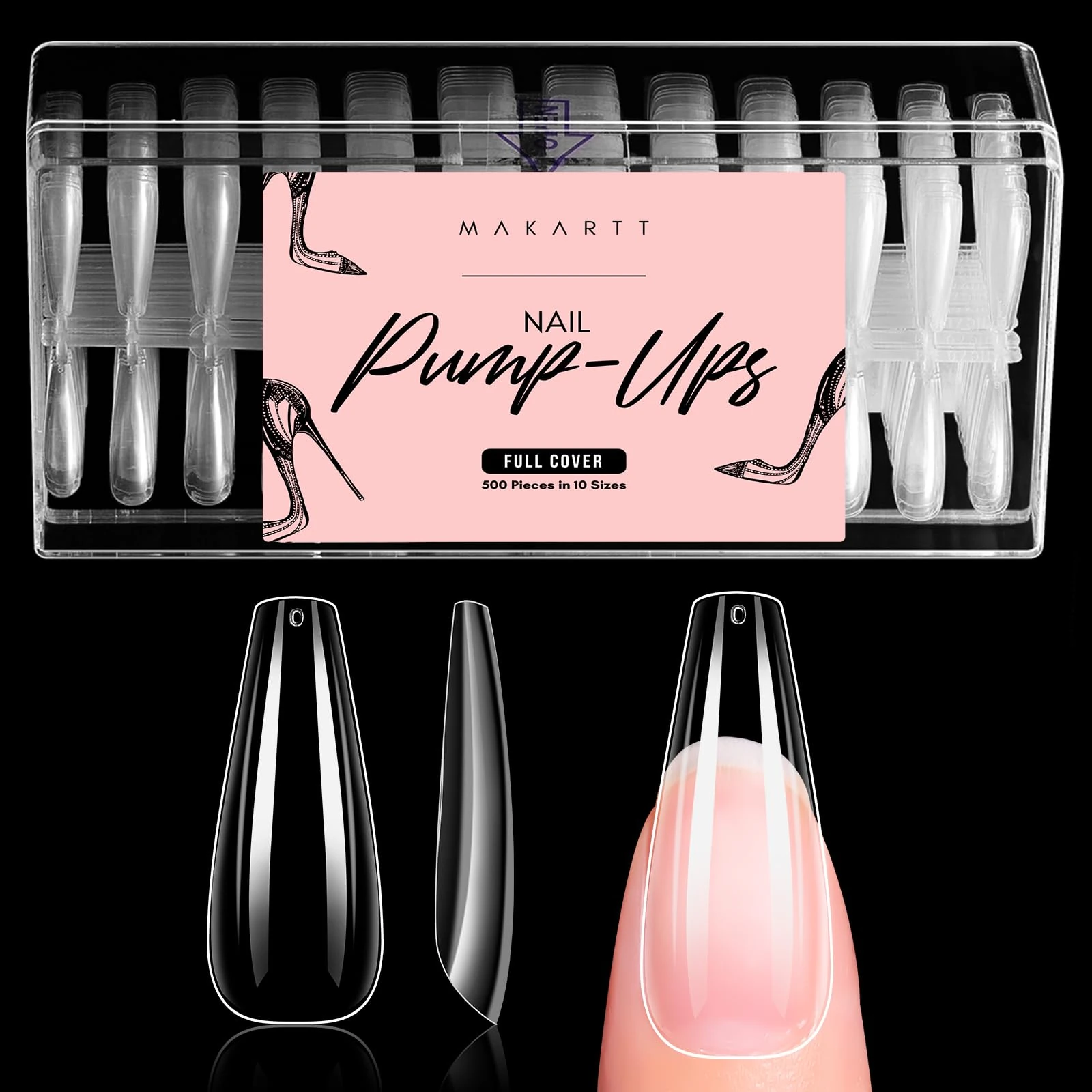 Makartt False Nails - 500pcs Full Cover Long Coffin Press on Tips, Natural Acrylic Round Fake Nails in 10 Sizes for Nail Design