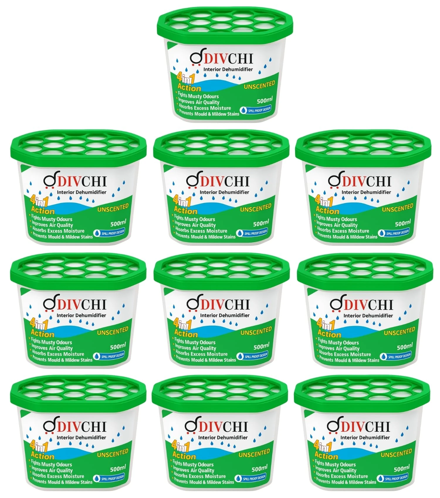 DIVCHI Moisture Absorber Dehumidifier Tubs 500ml (Pack of 10) | Damp Traps for Home, Wardrobe, Bathroom, Caravan & Kitchen | Condensation & Mould Remover