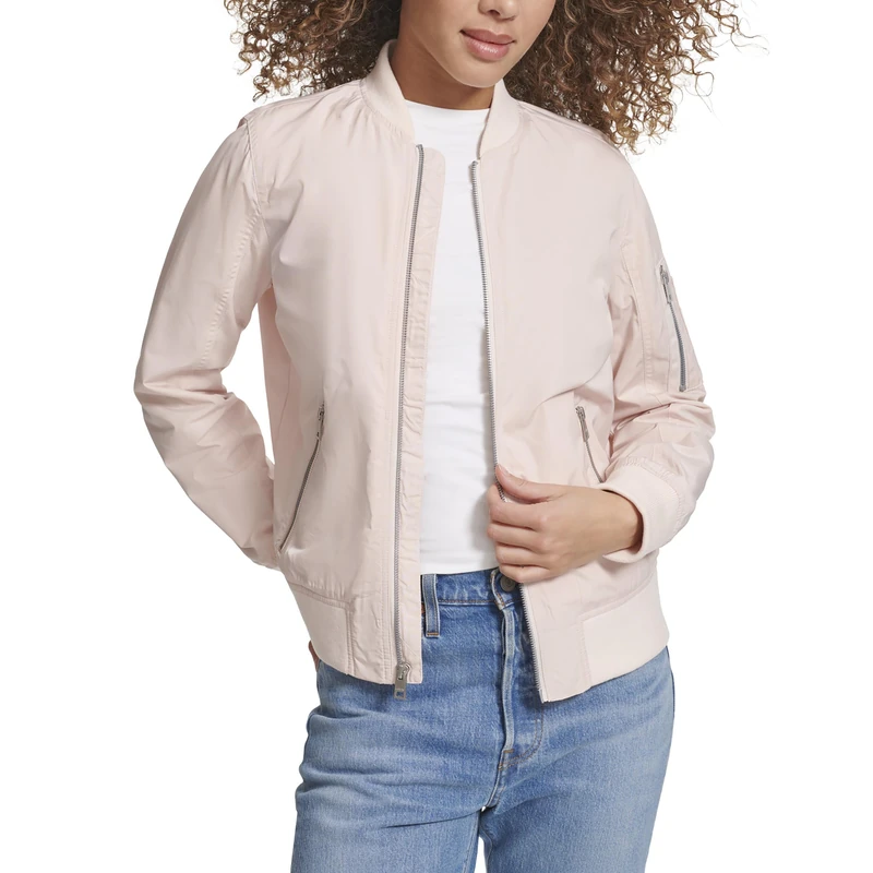 Levi's Women's Classic Bomber Jacket in a Newport Polyester with Rib Knit Collar, Cuffs and Hem, Peach Blush, Large