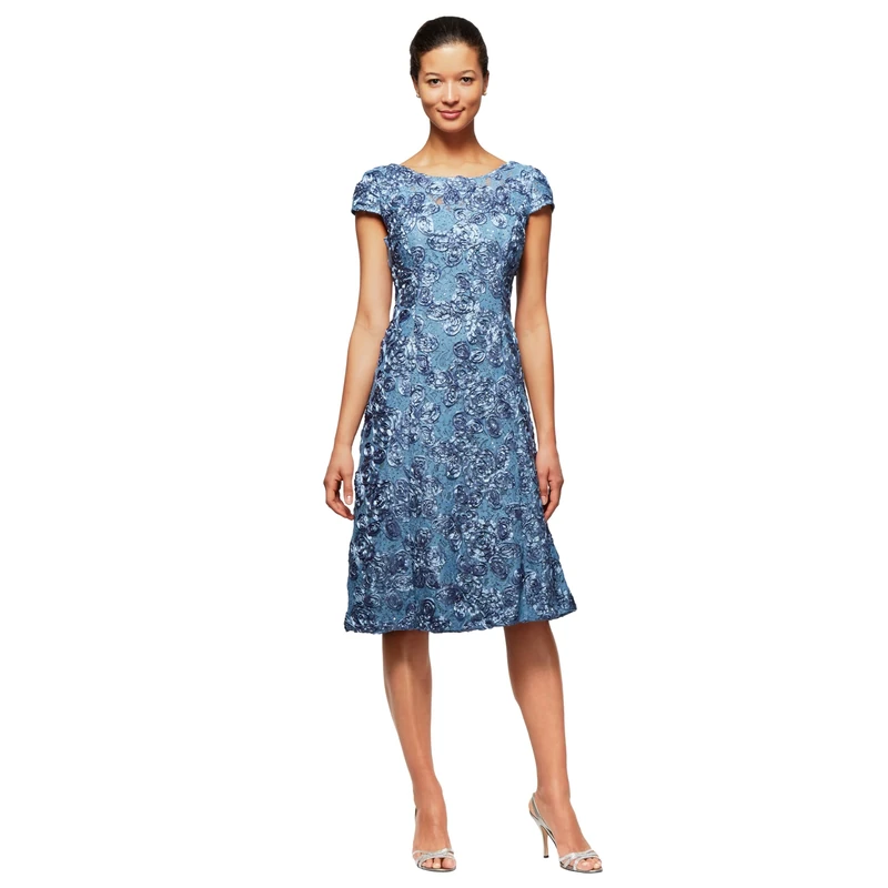 Alex Evenings Women's Tea Length Dress with Rosette Detail (Petite and Regular) Special Occasion, Periwinkle, 14