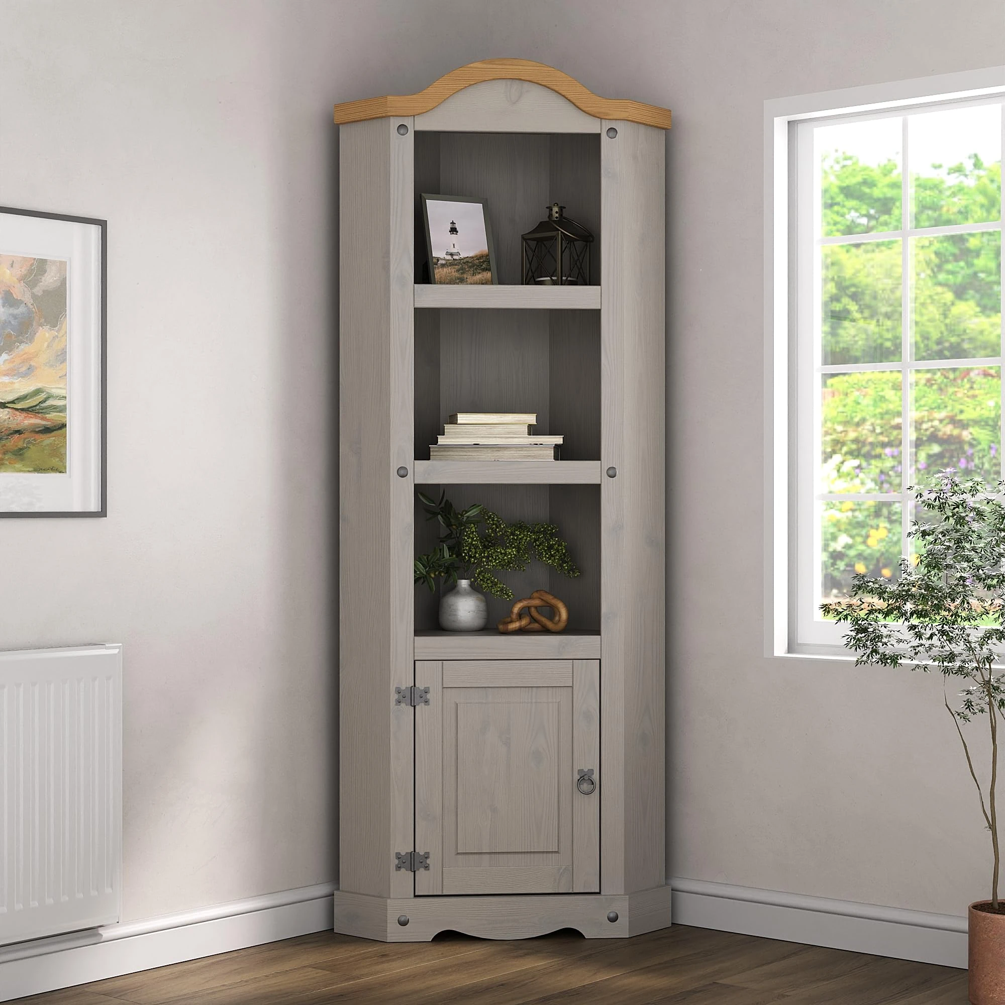Corona Grey Corner Display Bookcase Unit Mexican Solid Pine