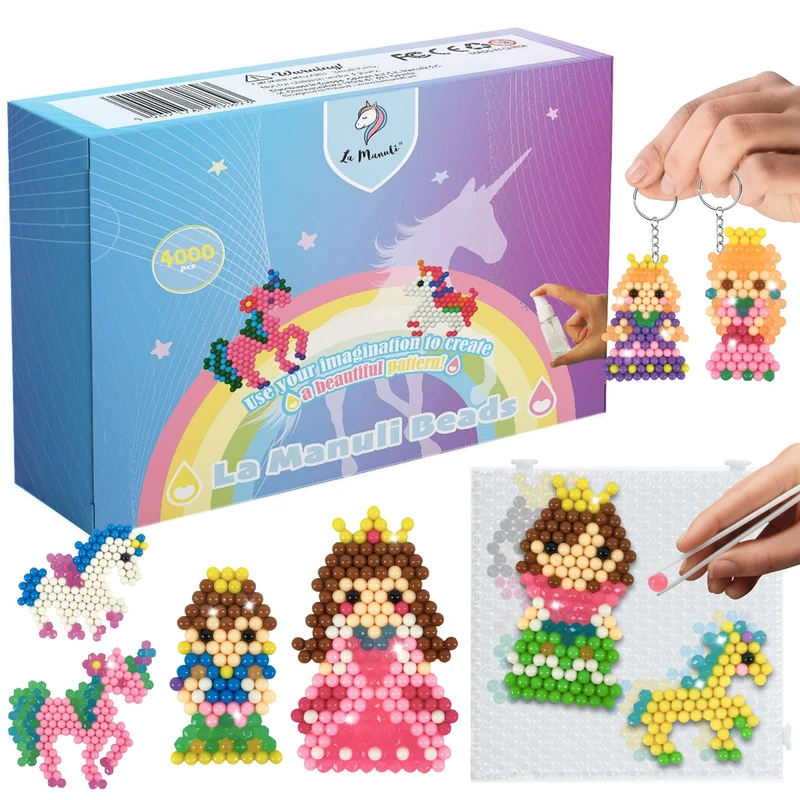 La Manuli Fuse Beads 4000 Colourful 5mm Water Spray Beads Set Princesses and Unicorns, Educational Toy Developing Fine Motor Skills, Concentration, Creativity, DIY Art Craft Toy for Children