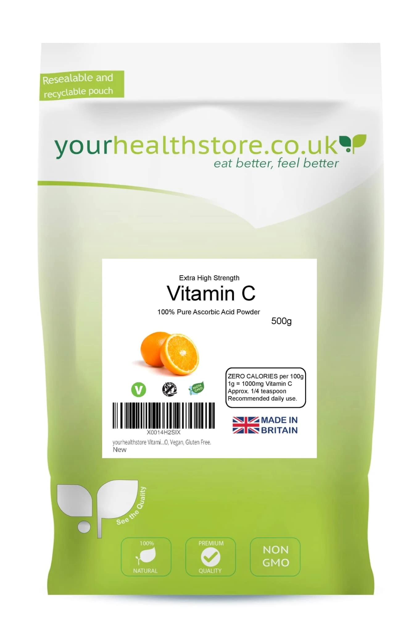 yourhealthstore Vitamin C Powder 500g, Extra High Strength Ascorbic Acid – 100% Pure British Pharmaceutical Grade – Non-GMO, Vegan, Gluten Free.