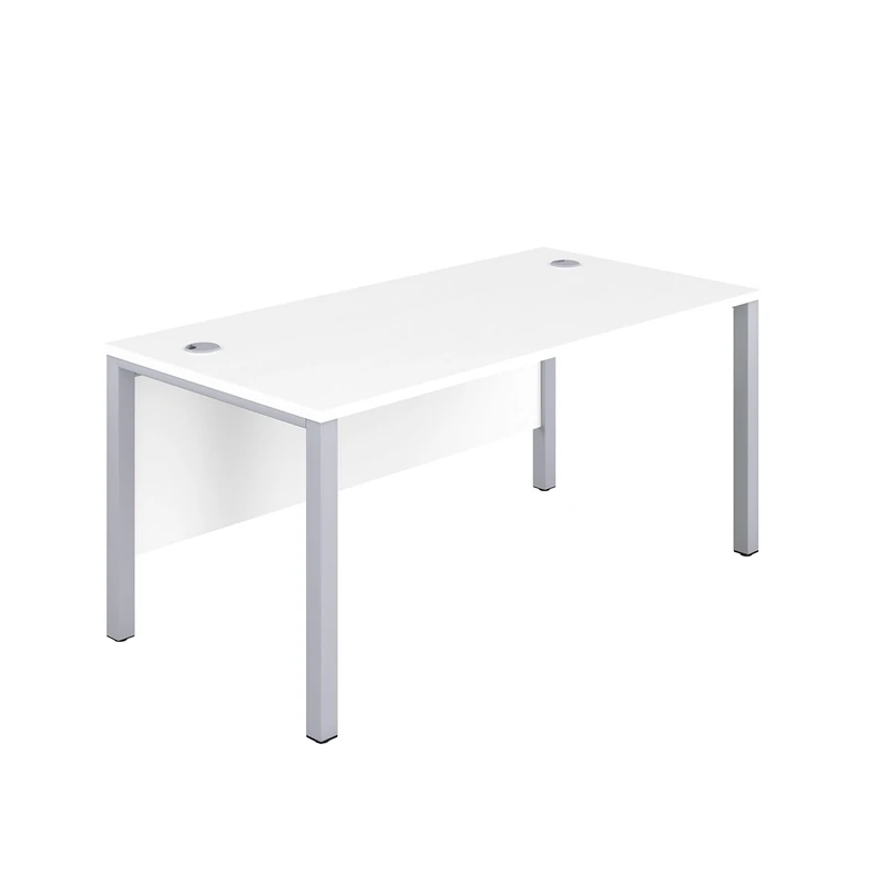 Office Hippo Rectangular Goalpost Desk, Home Office PC Desk, Integrated Cable Ports, 5 Yr Warranty, MFC - White Top, Silver Legs, 160cm x 80cm