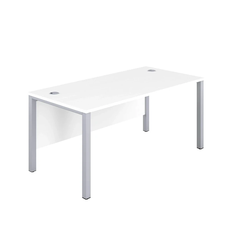Office Hippo Heavy Duty Rectangular Goalpost Desk, Home Office Table With Integrated Cable Ports, PC Desk for Work or Home, 5 Yr Warranty, MFC White Top, Silver Legs, 140cm x 80cm