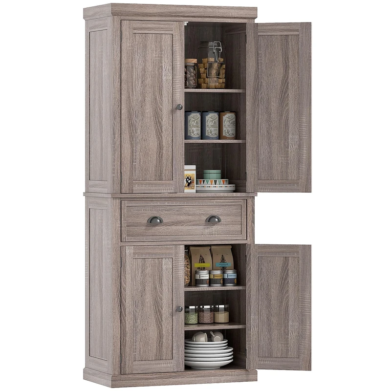 HOMCOM Freestanding Kitchen Cupboard, 184cm Tall Storage Cabinet with Doors and Shelves, Traditional Colonial 4-Door Kitchen Pantry Cupboard with Drawer, Dark Wood Grain