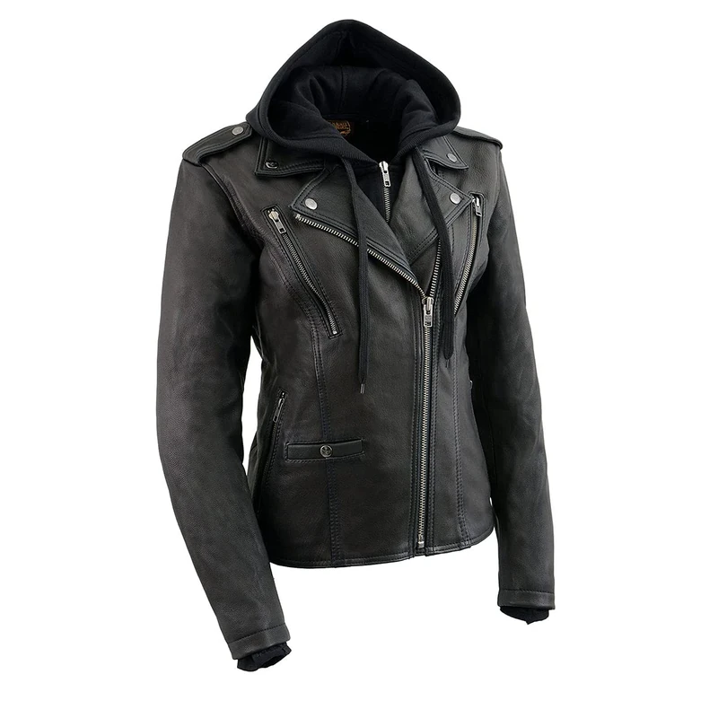 Milwaukee Leather Vented MC Lapel Jacket women's With Full Sleeve Interior Hoodie (BLACK, 2X)