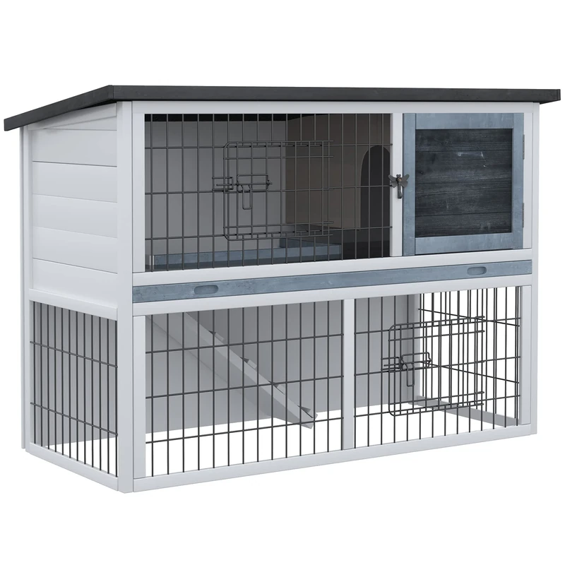 PawHut 2-Tier Wooden Rabbit Hutch Guinea Pig House Bunny Cage Backyard w/Openable Roof Small Animal House for Outdoor Grey, 108 x 45 x 78 cm