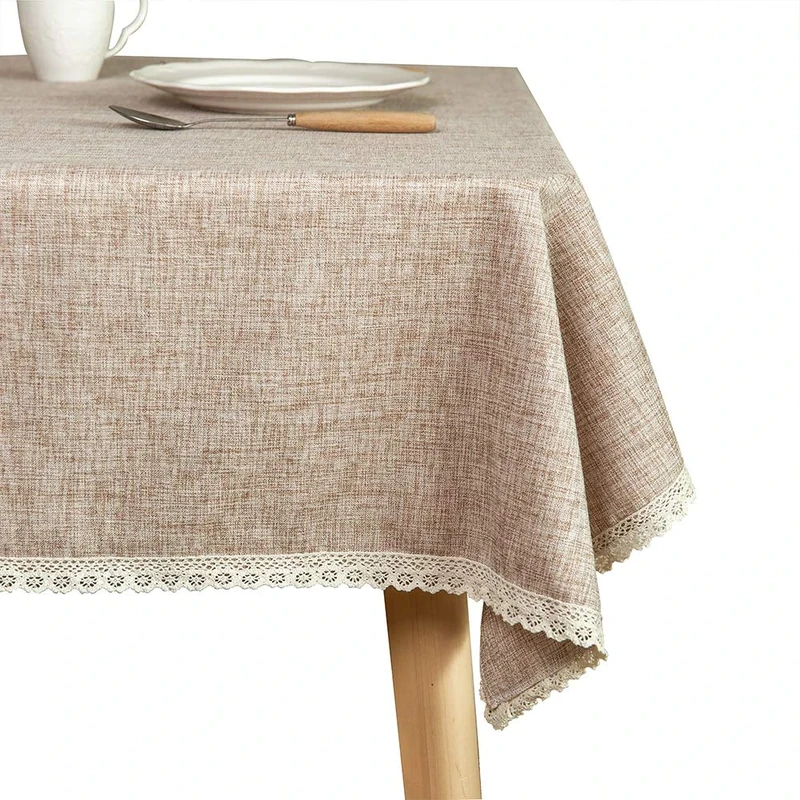 GLORY SEASON Linen Rustic Burlap Washable Tablecloth,Solid Heavy Weight Tan 60 x 120 Rectangle Overlay Lace Edge Table Cover for Kitchen Dinning Decoration