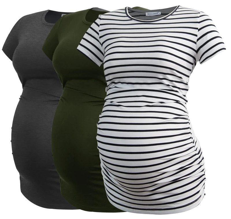 Smallshow Women's Maternity Tops Side Ruched Tunic T-Shirt Pregnancy Clothes, Dim Grey/Army Green/White Stripe, S