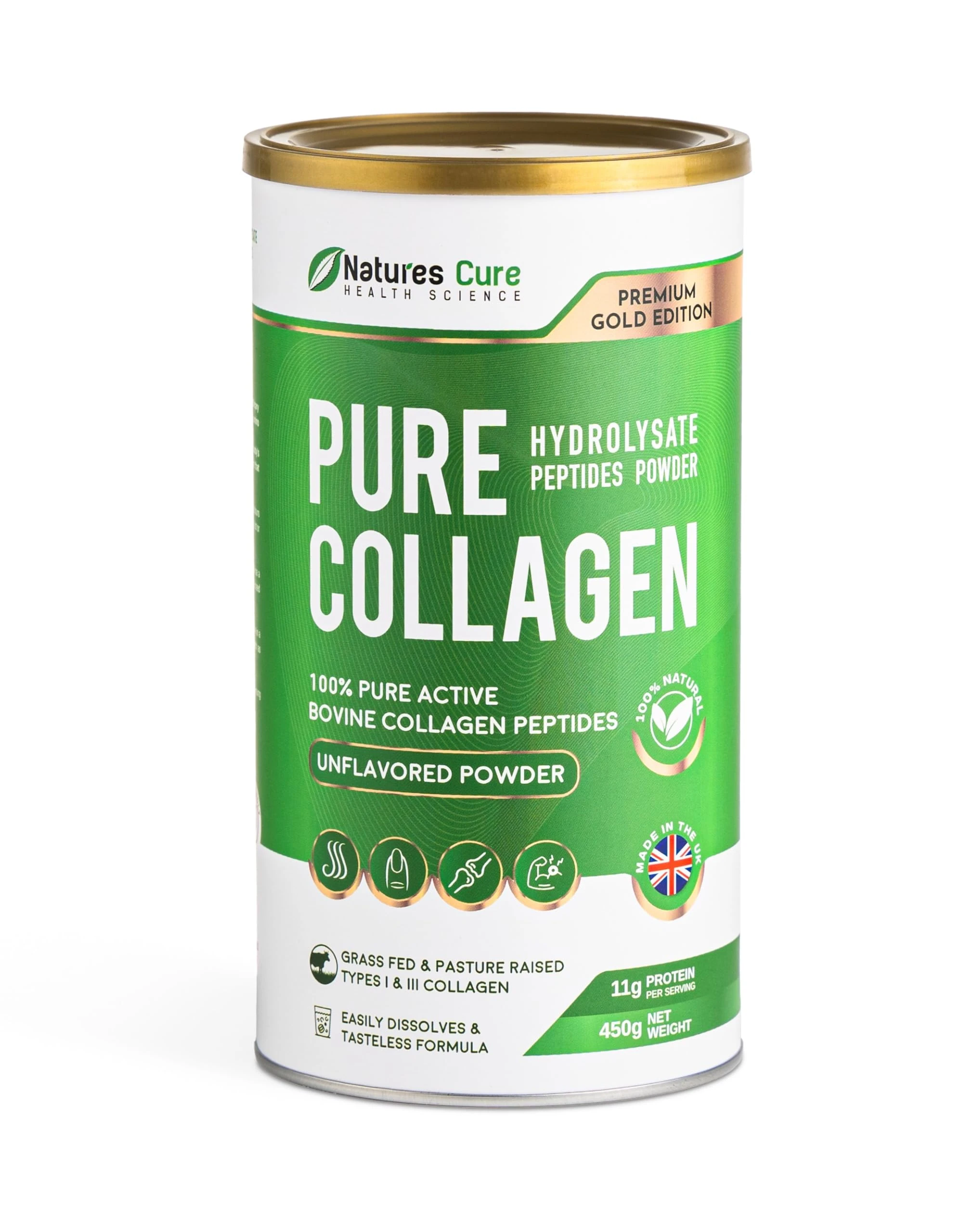 Premium Hydrolyzed Collagen Powder - Unflavored Halal Certified Supplement for Joint Health - 450g Can of Bovine Hides Collagen Peptides