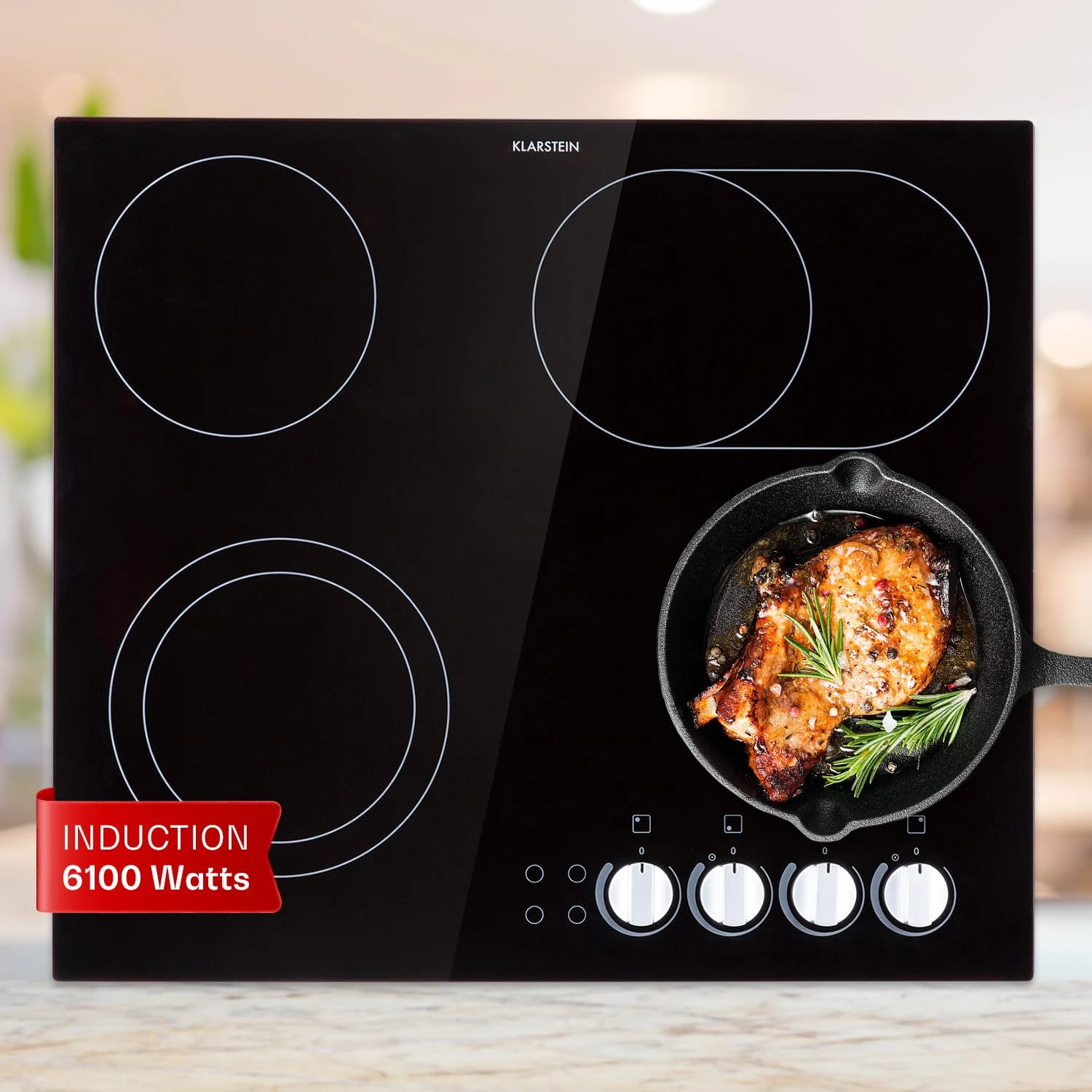 Klarstein Ceramic Hob, 6100W Electric Hob Ceramic Cooker, 4 Ring Electric Pan Hob, Built-In Table Top Cookers w/ 4 Hobs, Stainless Steel Heater Cooktops