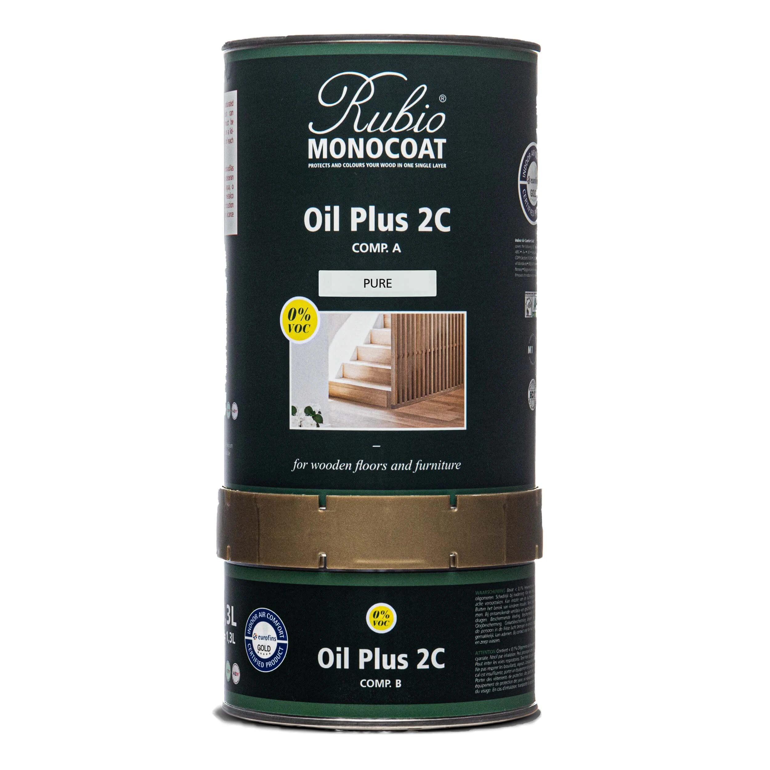 Rubio Monocoat Oil Plus 2C Wood Finish, 52 m² - Pure | Quick-Dry, Eco-Friendly Linseed Formula for Indoor Surfaces | Includes Accelerator (Part B) | Protector | 1,3L