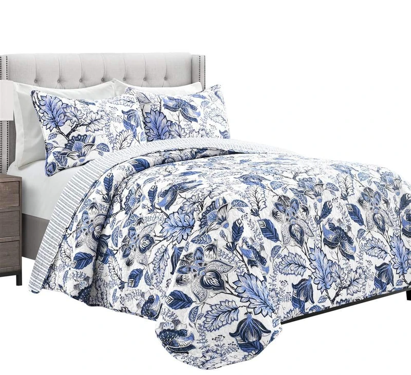 Lush Decor Cynthia Jacobean Quilt 3 Piece Reversible Bedding Set, King, Blue