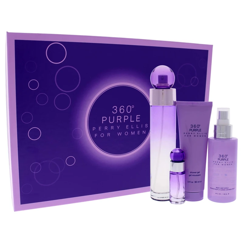 Perry Ellis 360 Purple For Women 4 Pc Gift Set 3.4Oz Edp Spray, 7.5Ml Edp Mini Spray, 4Oz Body Mist, 3Oz Shower Gel