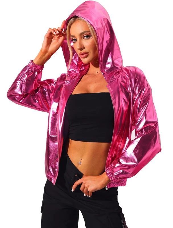Allegra K Women's Holographic Party Shimmering Shiny Lightweight Zipper Hooded Metallic Jacket, Hot Pink, XL