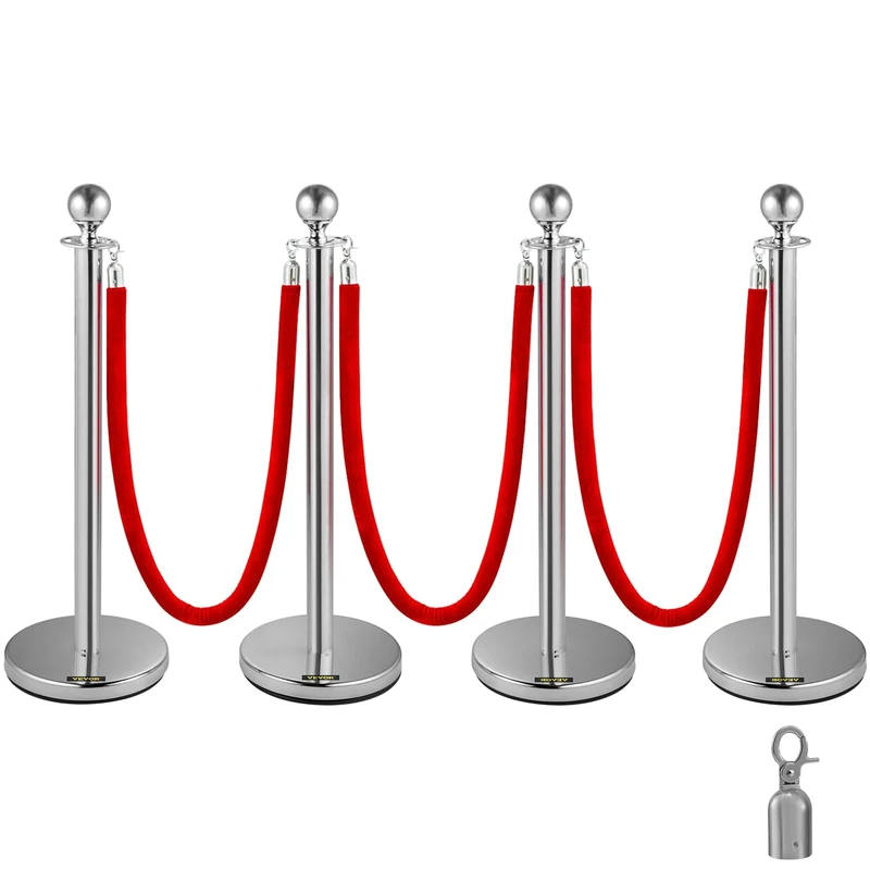 FlowerW Set of 4 Silver Round Top Queue Barrier Posts Stands Security Stanchion Rope Divider with 1.5M Red 3 Velvet Rope
