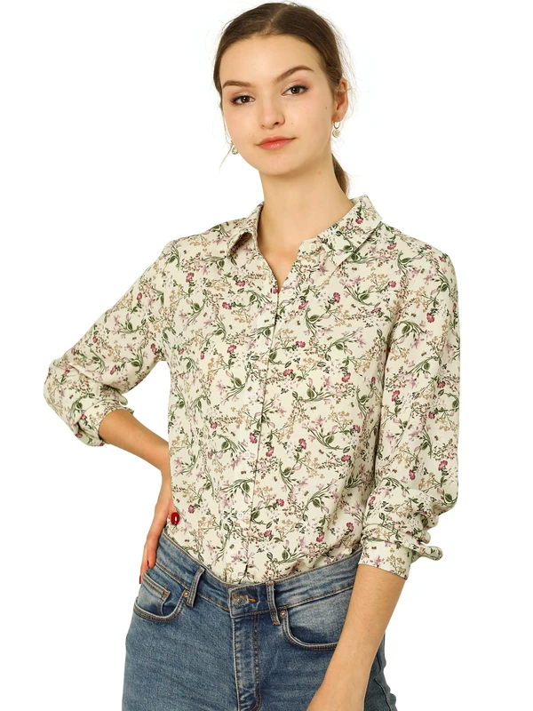 Allegra K Women's Button Down Floral Shirt Blouse Long Sleeve Point Collar Top, Beige, M