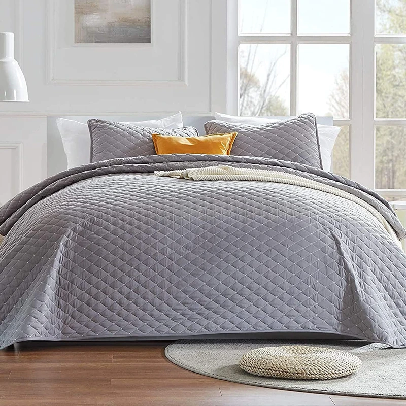 SLEEP ZONE 3-Piece Lightweight Reversible Quilt Set - Full/Queen Size - Soft Microfiber Coverlet Set for All Season (Gull Gray Diamond Pattern), Full/Queen (90x96 inch | 2 Pillow Shams)