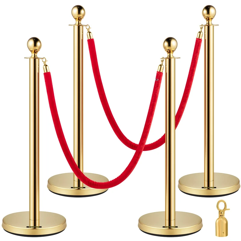 FlowerW Set of 2 Gold Round Top Queue Barrier Posts Stands Security Stanchion Rope Divider with 1.5M Red 3 Velvet Rope (Gold 2 Rope)